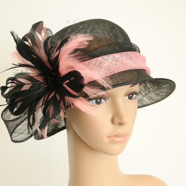 SF233  ( Pink/Black ) Newest Kentucky Derby, Church, Wedding, Carriage, Tea Party Small Brim 1.5~3" with feather flower Sinamay Hat