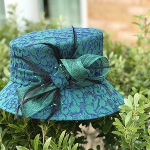 M843 Green/Navy Blue Kentucky Derby hat, Church hat, Wedding hat, Carriage hat, Tea Party hat Lace Hat with feather Small Brim Sinamay Hat image 8