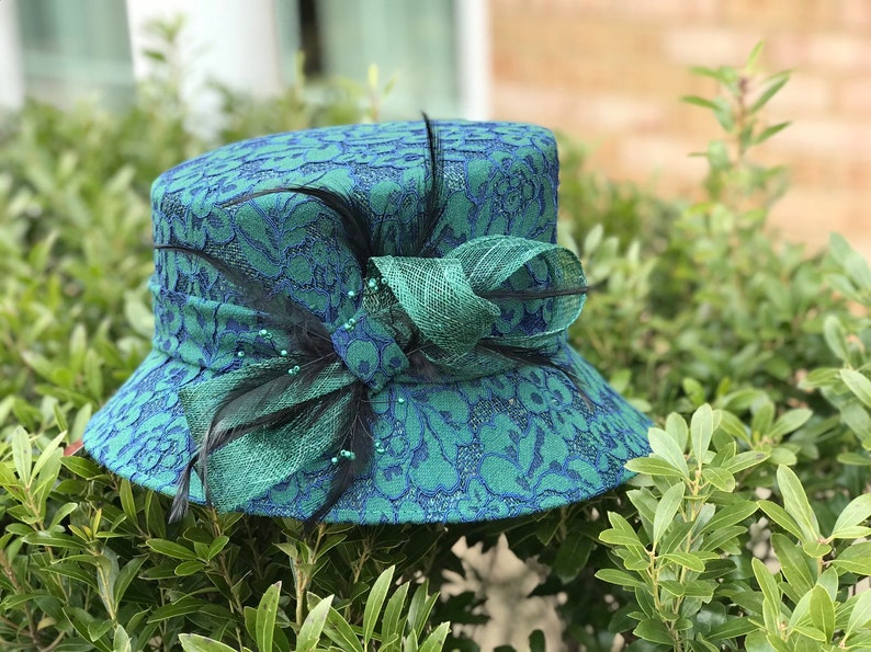 M843 Green/Navy Blue Kentucky Derby hat, Church hat, Wedding hat, Carriage hat, Tea Party hat Lace Hat with feather Small Brim Sinamay Hat image 8