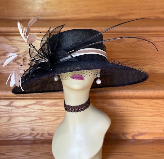 M489(black/ivory/taupe) Kentucky Derby Hat, Church, Wedding 
