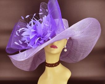 SD518(Lavender Purple+ More Option) 8” Jumbo Wide Brim Kentucky Derby Hat Church Hat Wedding Hat Easter Hat Tea Party Sinamay Dress Hat