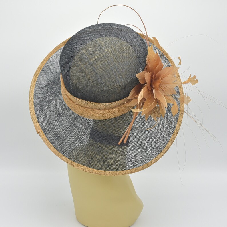 Pu&ograve; includere: Un cappello di paglia nero e oro con un accento di piuma marrone. Il cappello ha un'ampia tesa e una piccola corona.