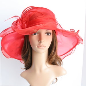 ED7021 ( Red )Kentucky Derby hat, Church hat, Wedding hat, Carriage hat, Medium Brim 5.25&quot; with Two Flowers & feathers Organza Dress Hat