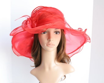 ED7021 ( Red )Kentucky Derby hat, Church hat, Wedding hat, Carriage hat, Medium Brim 5.25" with Two Flowers & feathers Organza Dress Hat