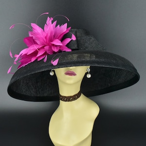 M22025F ( Black Fuchsia hat) Audrey Hepburn Hat with Double feather flowers, 19.75&quot; Jumbo Wide Brim Sinamay Hat