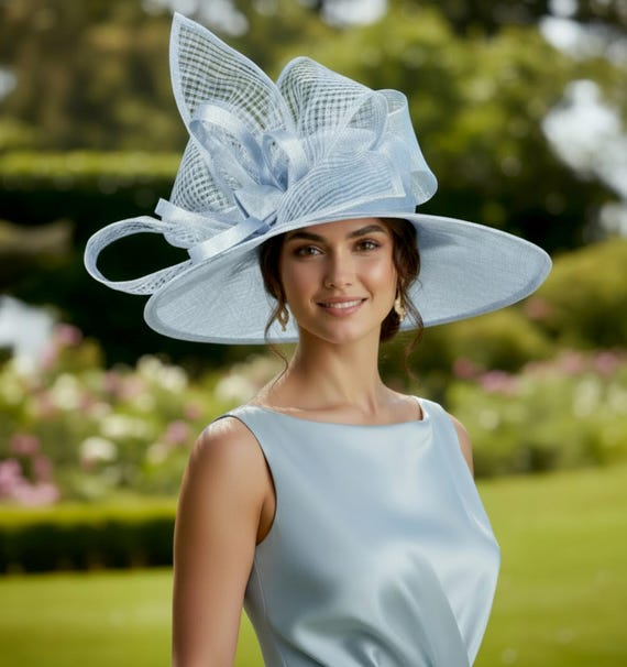 Kentucky Derby Hat UK Blue Bow Elegant Details Wide-Brim Royal Ascot SD28A Light Blue – Jumbo Bow Wide-brim Sinamay Hat  main image 2