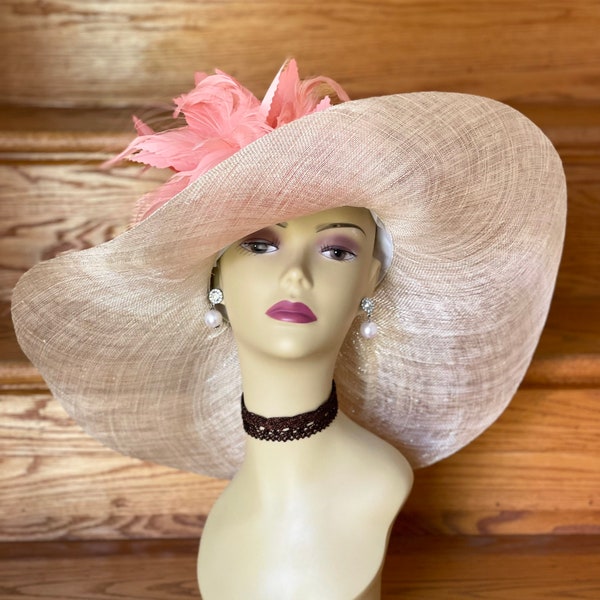 M508(Natural Coral hat ) Kentucky Derby hat, Church hat, Wedding hat, Tea Party hat with Jumbo Feather Flower Floopy Wide Brim Sinamay Hat