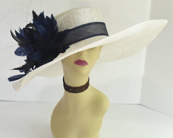 M510 (Ivory/Navy) Kentucky Derby hat, Church hat, Wedding hat, Tea Party hat Jumbo Feather Flower Floopy Wide Brim Woman Sinamay Dress Hat