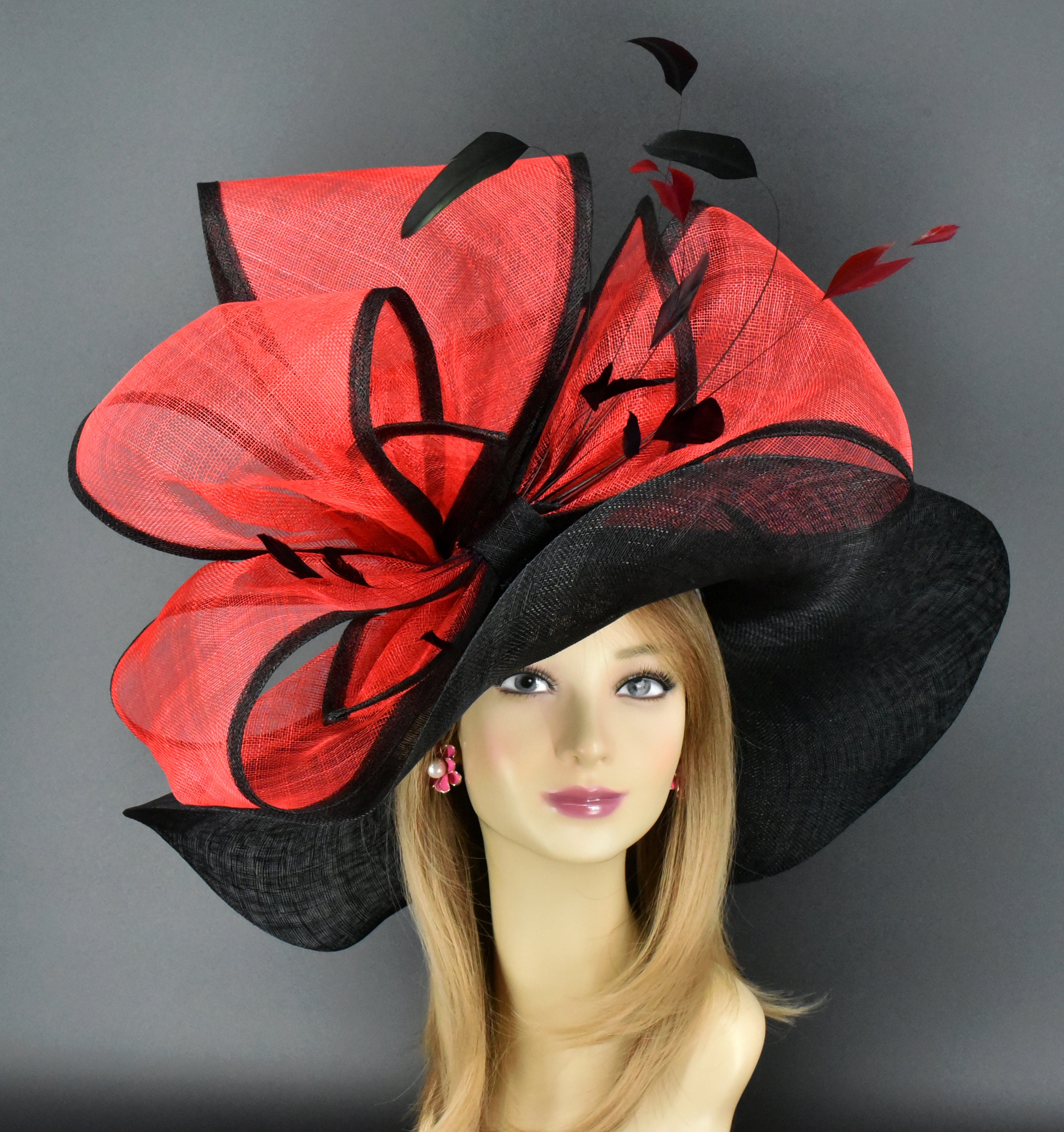 Black sinamay hat Fascinator with fire engine red abaca silk oversized bow M22021( Red Black ) Kentucky Derby Hat, Wedding Hat, Easter  main image 4
