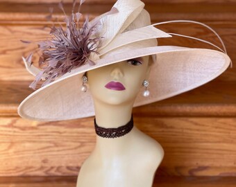 M937( Ivory Taupe hat ) Kentucky Derby hat Wedding hat Easter hat Royal Ascot Double Feather Flowers Wide Brim Woman Sinamay Hat