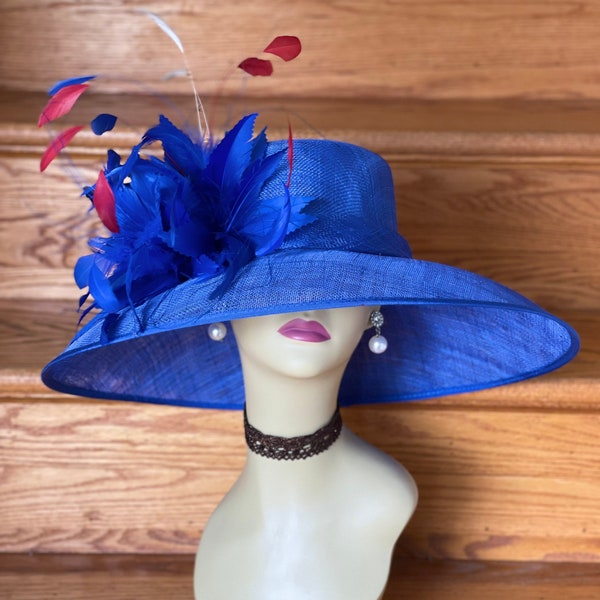 SD22 (azul real/20 colores) Sombrero Kentucky Derby, sombrero de iglesia, boda, Pascua, fiesta de té con flor de plumas gigantes, sombrero de sinamay de ala ancha