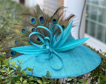 Exquisite Beloved Millinery Turquoise Feather Fascinator Brooch Derby Tea Brunch Hats- Charming Lady Designs Handmade Millinery main image 4
