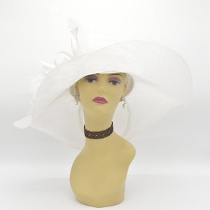 M918 ( Off-White ) Kentucky Derby hat Church hat Wedding hat Tea Party hat Big Bow & Long Feathers Floopy Wide Brim Sinamay Dress Hat