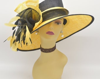 M916 (Yellow/Black)Kentucky Derby, Church, Wedding, Easter Hat Tea Party Formal Hat & Big Bows Feathers Wide Brim Sinamay Hat