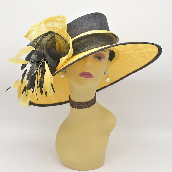 M916 Yellow Black Kentucky Derby Church Wedding Easter Hat Tea Party Formal Hat Big Bows Feathers Wide Brim Sinamay Hat