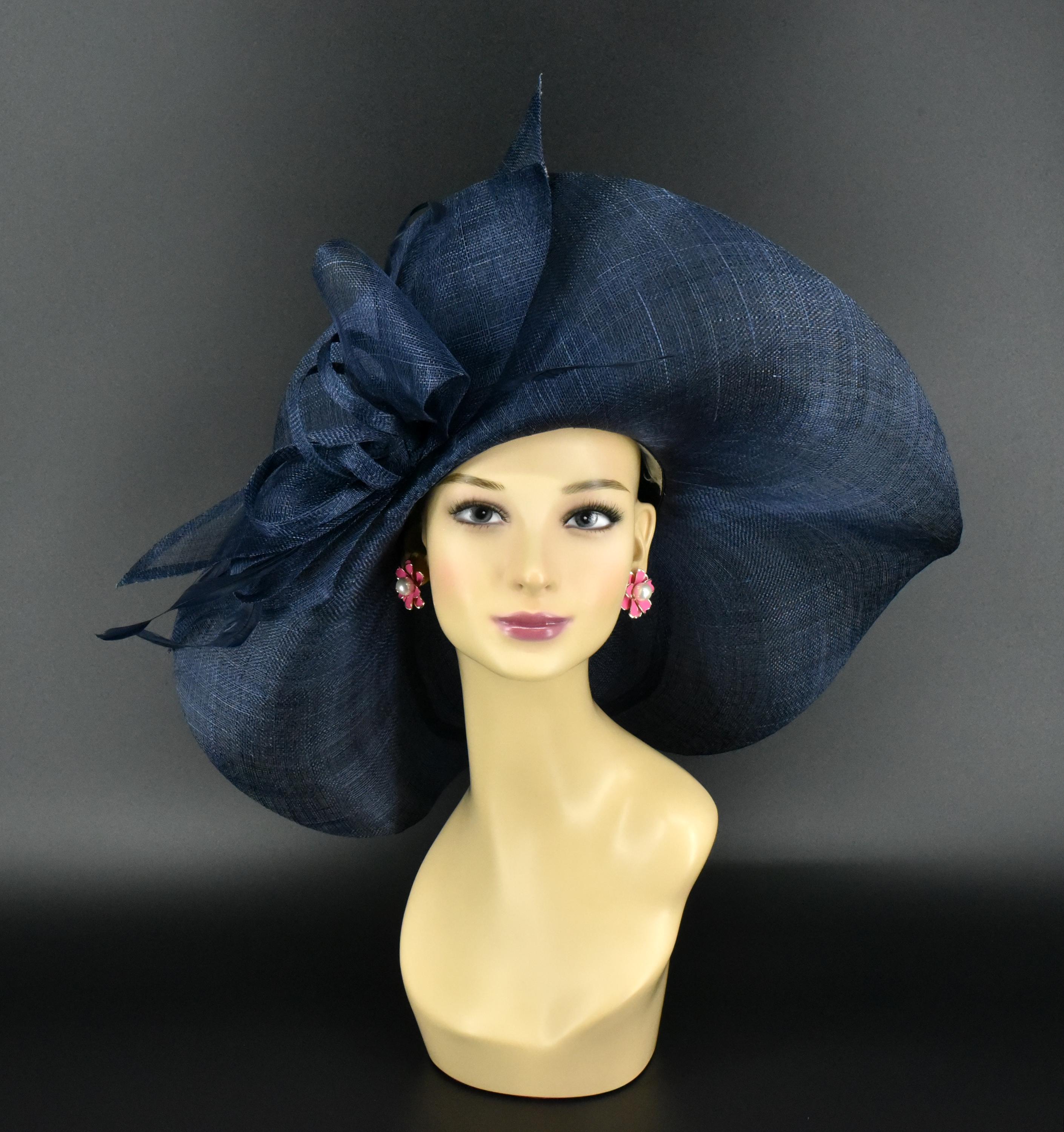 Navy Blue Derby Hat | Elegant Wide Brim Fascinator | Kentucky Derby | Wedding Navy Blue & Nude Kentucky Derby Hat – The Hat Hive main image 3