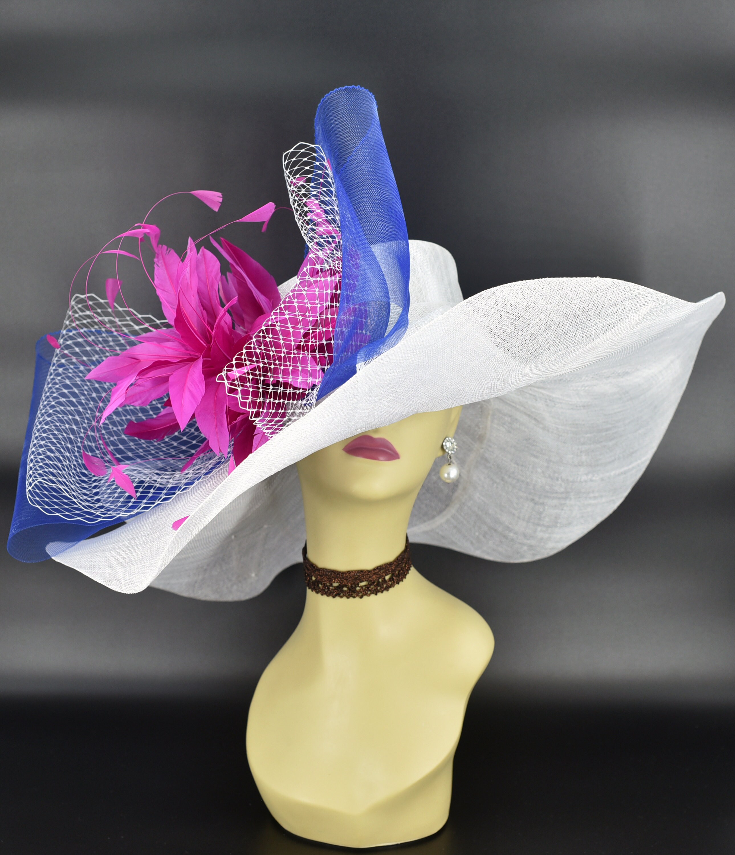 SD518(White Purple Wine hat) 8” Jumbo Wide Brim Kentucky Derby Hat Church Hat Wedding Hat Easter Hat Tea Party Fuchsia Hat Sinamay Dress Hat