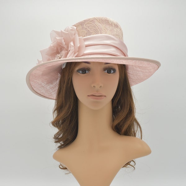 M02( Blush Pink )Kentucky Derby, Church, Wedding, Carriage, Tea Party 4" with Two Silk flowers 3 Layers Sinamay Lace Hat Medium Brim