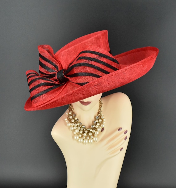 Red Wide-Brimmed Sun Hat with Structured Crown M2446 Red Wide-brim Sinamay Hat – Kentucky Derby | Royal  main image 4