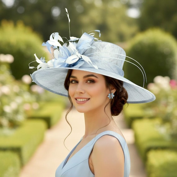 M935 Powder Blue/white/light Blue Wide-brim Sinamay Hat  display picture 2