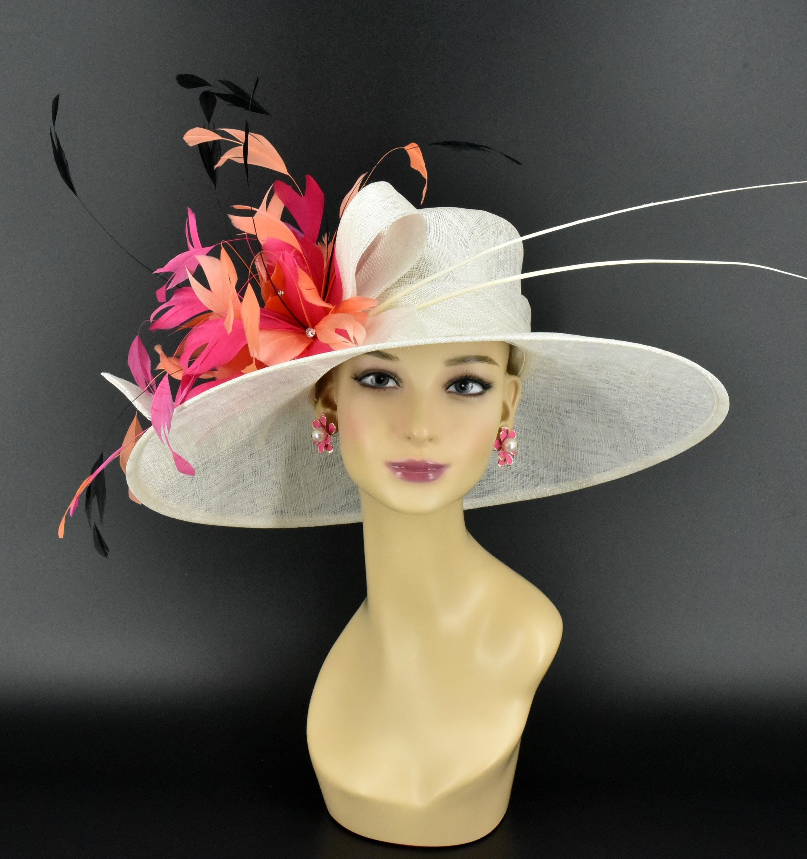 5538 Sinamay Fascinator Kentucky Derby Church Hats For Women Floral Feather kentucky derby hat fascinator red sinamay with ombre coral  main image 2