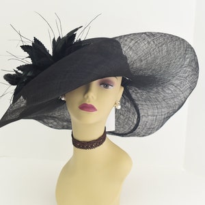 M508 ( Black hat  ) Kentucky Derby hat, Church hat, Wedding hat, Tea Party hat with Jumbo Feather Flower Floopy Wide Brim Sinamay Hat