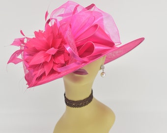 SF044( Hot Pink + More colors )Kentucky Derby, Church, Wedding, Easter, Tea Party, Formal Feather Satin Med Brim Sinamay Hat