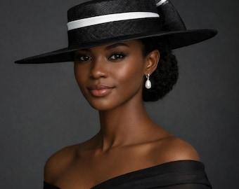 M23156 (Black/White)Medium Flat-brim Sinamay Fascinator hat for Kentucky Derby hat, Church hat, Wedding hat, Easter hat, Ascot hat