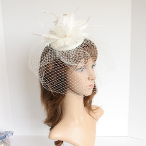 SF533 ( Ivory ) Kentucky Derby, Wedding, Tea Party Sinamay Base with feather Floral, Headband, Veil Small Fascinator Cocktail