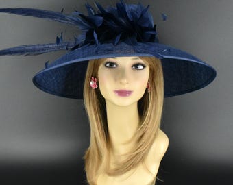 Kentucky Derby Navy Blue 
Wide-Brim Hat M22020F( Navy Royal blue + Multi-colors) Kentucky Derby hat  main image 3