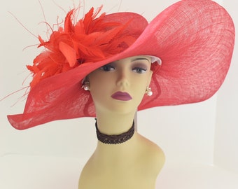M508 ( Red hat ) Kentucky Derby hat, Church hat, Wedding hat, Tea Party hat with Jumbo Feather Flower Floopy Wide Brim Sinamay Hat