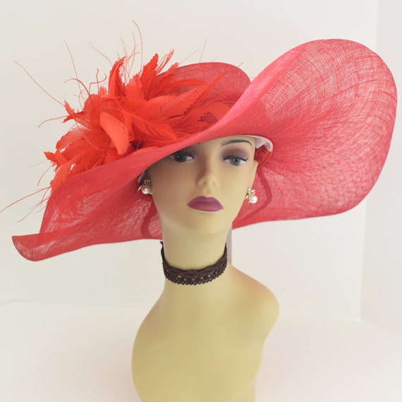Red Wide Brim Straw Kentucky Derby Church Hat with Floral & Feather Accents Black Red Feather Flowers Wide Brim Kentucky Derby Hat  main image 2