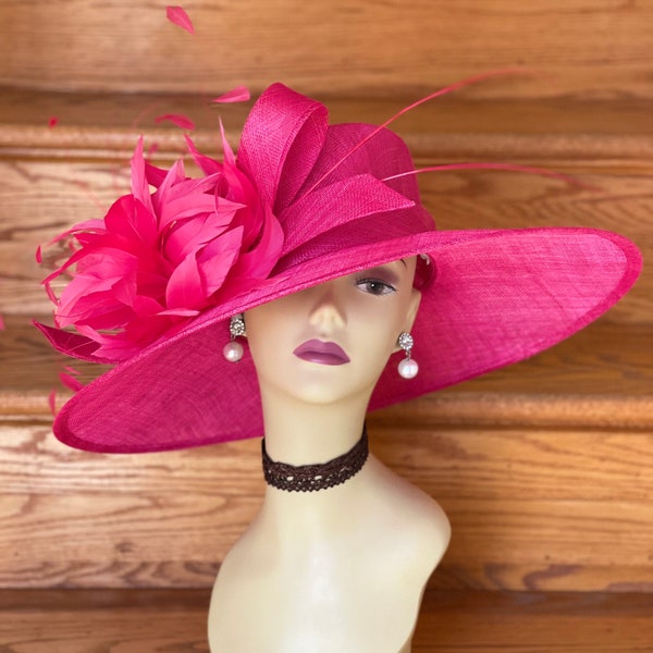 M936 (Sombrero rosa intenso) Sombrero Kentucky Derby de alta calidad, sombrero de Pascua para boda, sombrero Royal Ascot de ala ancha y flor de seda, sombrero de Sinamay para mujer