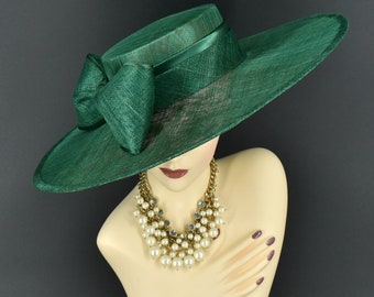 M23155 ( Green ) Wide Brim Sinamay Fascinator hat for Kentucky Derby hat, Church hat, Wedding hat, Easter hat, Royal Ascot hat