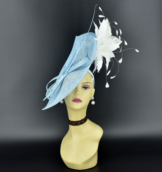 Kentucky Derby Hat Elegant Light Blue Fascinator Floral Feather Accent Tea Party Light Blue Kentucky Derby Fascinator Denim Blue Wedding  main image 3