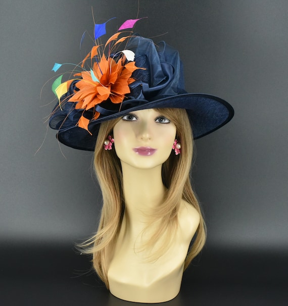 1493 Sinamay Fascinator Kentucky Derby Church Hats For Women Floral Feather Wide Brim Sinamay Kentucky Derby Hat, Royal Blue Feather  main image 4