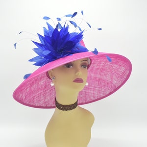 SD17( Fuchsia/Royal Blue )Kentucky Derby Hat, Church Hat Wedding Hat Easter Hat Tea Party Hat with Feather flower Wide Brim Sinamay Hat