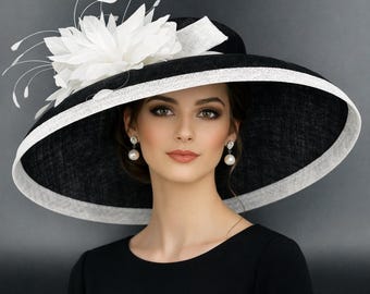 M22025F Black/White – Audrey Hepburn Hat | 19.75” Jumbo Wide-Brim Sinamay Derby Hat