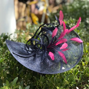 M8123 (Navy Blue/Rose Pink) Kentucky Derby hat Wedding Hat Easter Tea Party Royal Ascot Sinamay Ribbon Headband Large Fascinator Cocktail