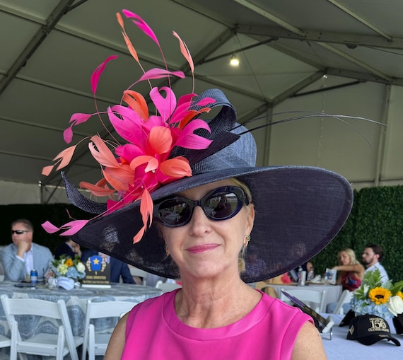 M935 Navy Blue/fuchsia Wide-brim Sinamay Hat – Kentucky  display picture 2