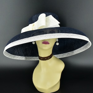 M22025( Navy Ivory hat) Audrey Hepburn Hat 19.75&quot; Jumbo Wide Brim Sinamay Hat
