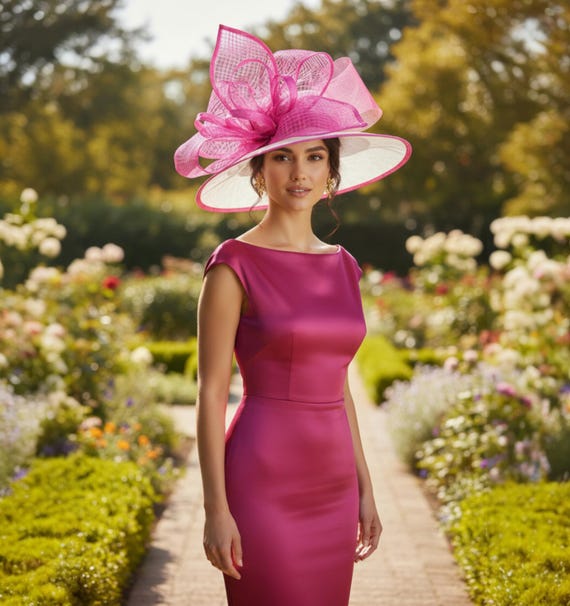 M22021( White Hot Pink/fuchsia ) Kentucky Derby Hat, Wedding  display picture 3