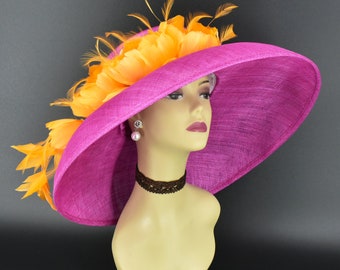 M22028 ( Fuchsia Orange hat ) Audrey Hepburn Hat  with Pretty Feather flowers 19.75" Wide Brim Sinamay Hat