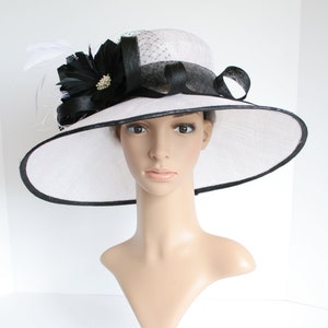SF65 ( Off-white/Black ) Kentucky Derby hat, Church hat, Wedding hat, Carriage hat, Tea Party hat Two feather flowers Wide Brim Sinamay Hat