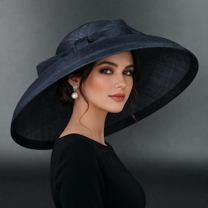 Vintage Black Wide Brim Cocktail Hat Audrey Hepburn Old Hollywood Union Made M22025( Navy hat) Audrey Hepburn Hat 19.75 main image 3