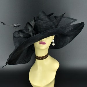 M22019 ( Black hat ) Kentucky Derby hat Church hat Wedding hat Tea Party hat Big Bow & Long Feathers Sinamay Floppy Wide Brim Hat