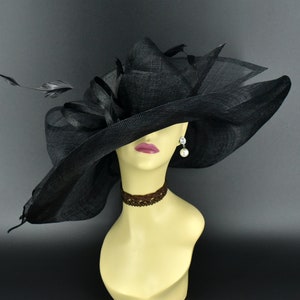 M22019 ( Black hat ) Kentucky Derby hat Church hat Wedding hat Tea Party hat Big Bow & Long Feathers Sinamay Floopy Wide Brim Hat