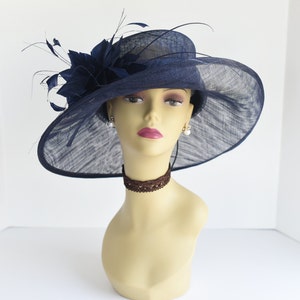 L17( Navy ) Kentucky Derby hat, Church hat, Wedding hat, Easter hat, Tea Party Royal Ascot with feather flower Med Brim Sinamay Hat