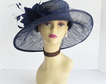 L17( Navy ) Kentucky Derby hat, Church hat, Wedding hat, Easter hat, Tea Party Royal Ascot with feather flower Med Brim Sinamay Hat