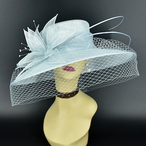 M489V ( Powder blue hat )Kentucky Derby Hat, Church Hat, Wedding Hat, Easter Hat, Tea Party Hat, Formal Hat & Veil Wide Brim Sinamay Hat